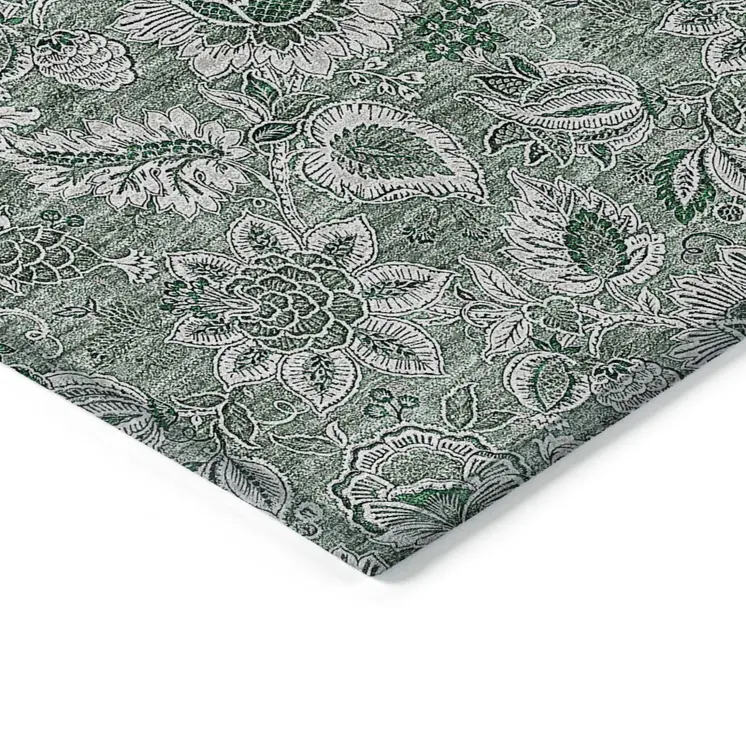 3' X 5' Sage Green And Silver Floral Washable Indoor Outdoor Area Rug