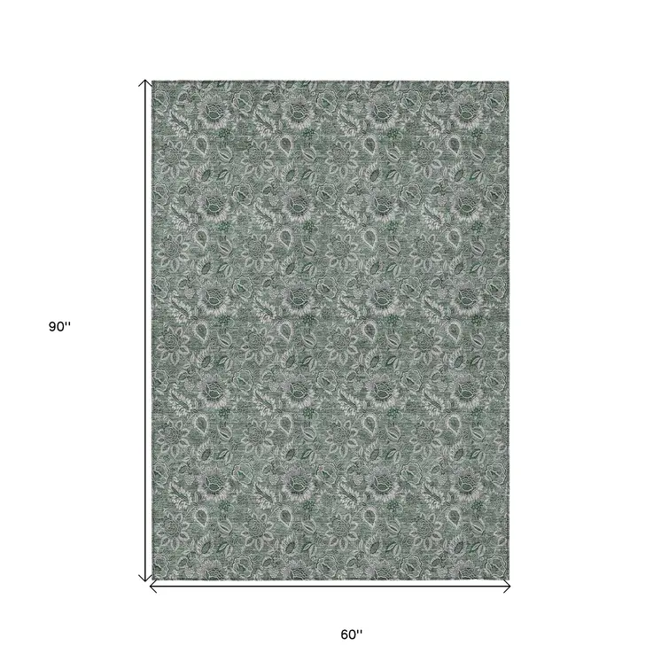 5' X 8' Sage Green And Silver Floral Washable Indoor Outdoor Area Rug