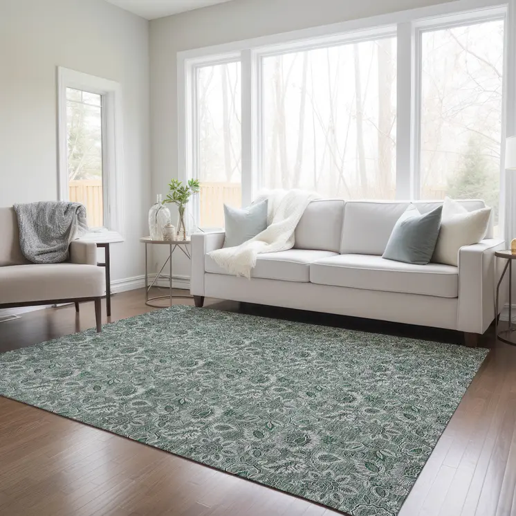5' X 8' Sage Green And Silver Floral Washable Indoor Outdoor Area Rug