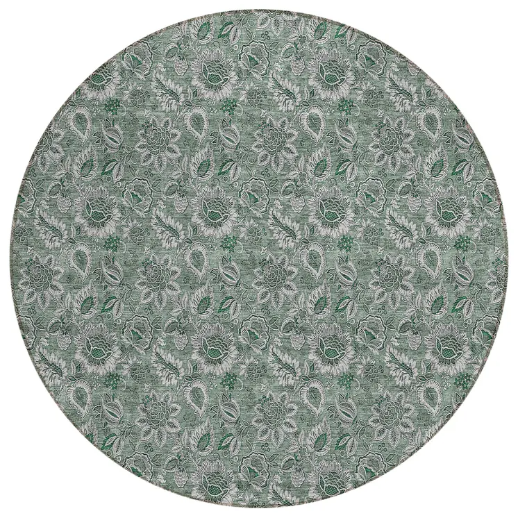 8' Sage Green And Silver Round Floral Washable Indoor Outdoor Area Rug