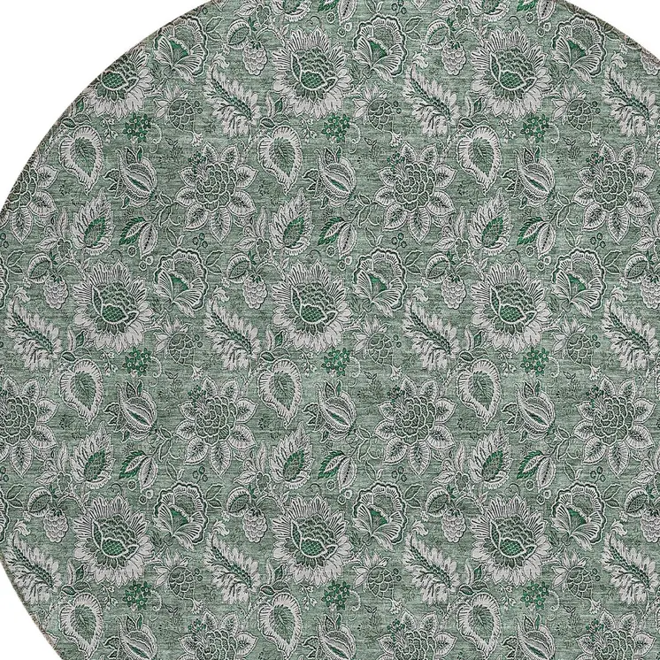 8' Sage Green And Silver Round Floral Washable Indoor Outdoor Area Rug