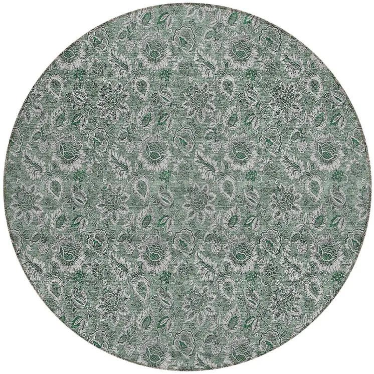 8' Sage Green And Silver Round Floral Washable Indoor Outdoor Area Rug