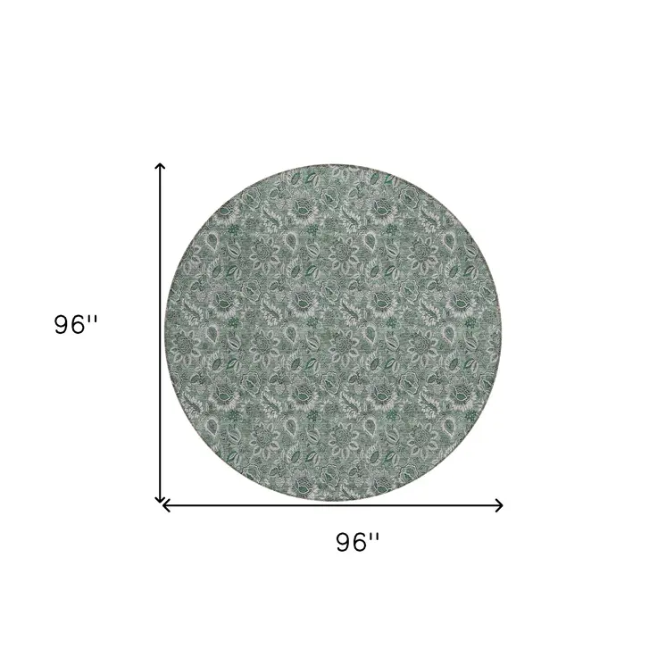 8' Sage Green And Silver Round Floral Washable Indoor Outdoor Area Rug