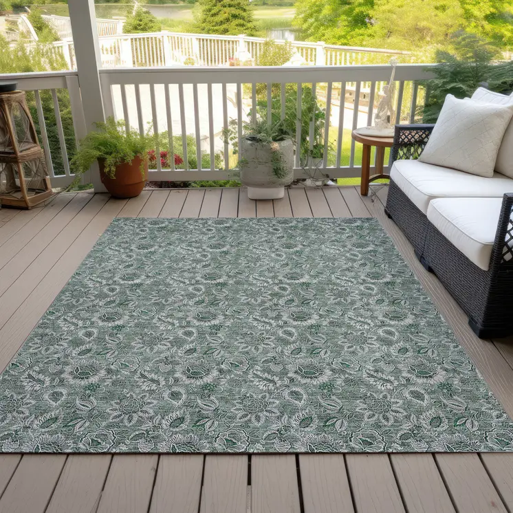 8' X 10' Sage Green And Silver Floral Washable Indoor Outdoor Area Rug