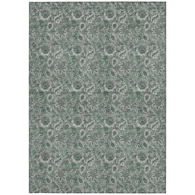 8' X 10' Sage Green And Silver Floral Washable Indoor Outdoor Area Rug