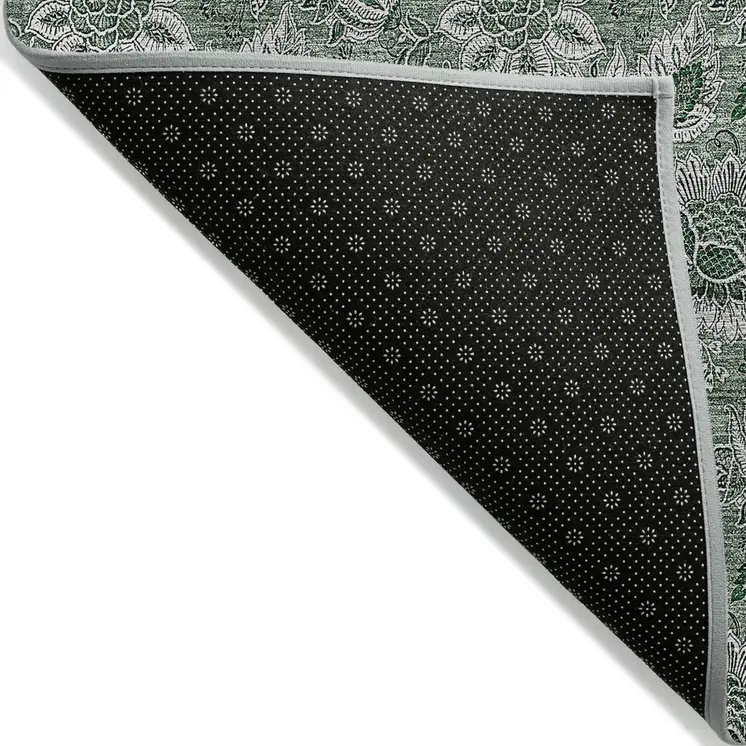 10' X 14' Sage Green And Silver Floral Washable Indoor Outdoor Area Rug