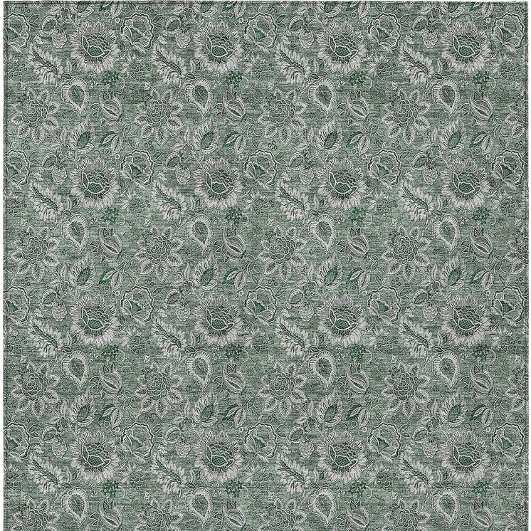 10' X 14' Sage Green And Silver Floral Washable Indoor Outdoor Area Rug