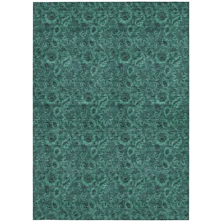 3' X 5' Teal Blue Green And Charcoal Floral Washable Indoor Outdoor Area Rug
