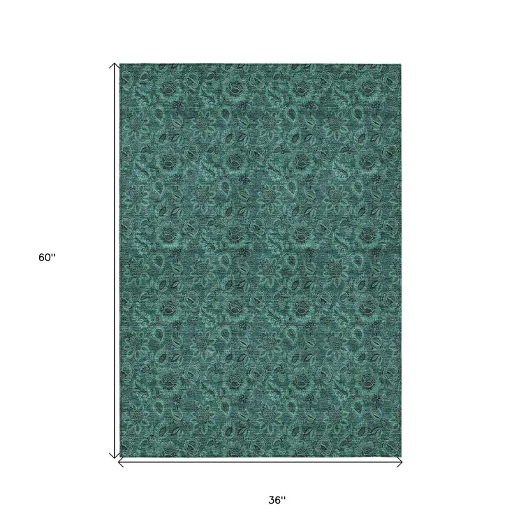 3' X 5' Teal Blue Green And Charcoal Floral Washable Indoor Outdoor Area Rug