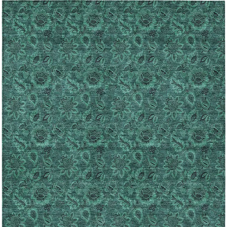 5' X 8' Teal Blue Green And Charcoal Floral Washable Indoor Outdoor Area Rug