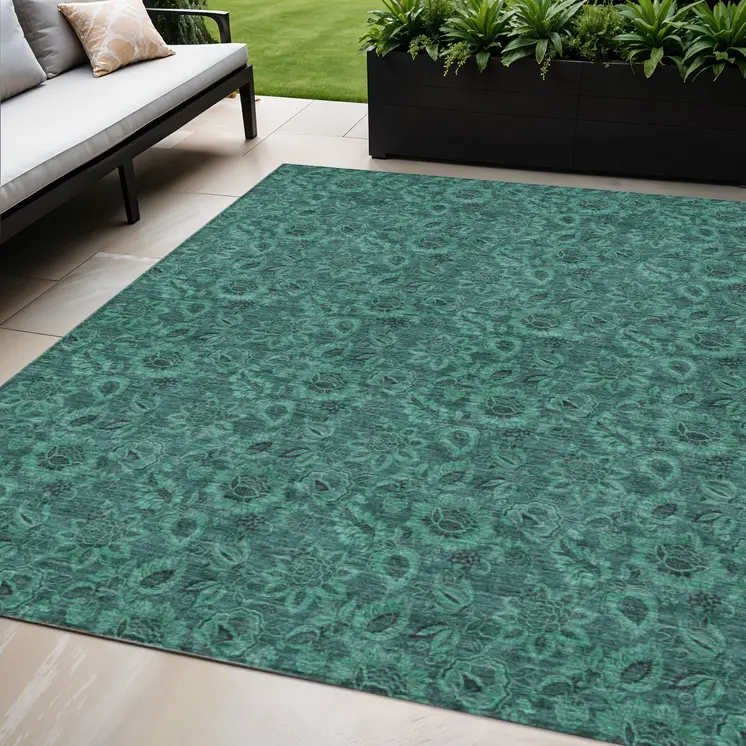 5' X 8' Teal Blue Green And Charcoal Floral Washable Indoor Outdoor Area Rug