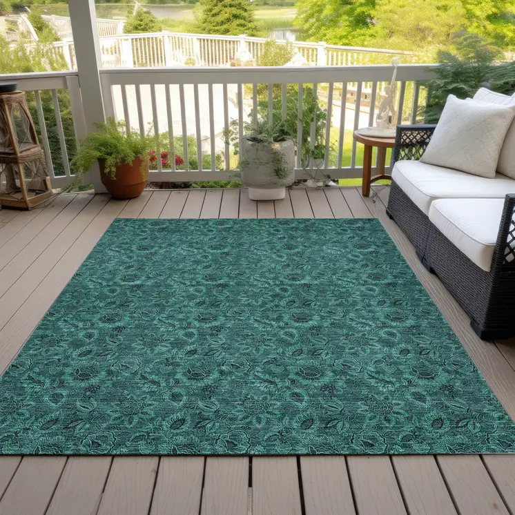 5' X 8' Teal Blue Green And Charcoal Floral Washable Indoor Outdoor Area Rug