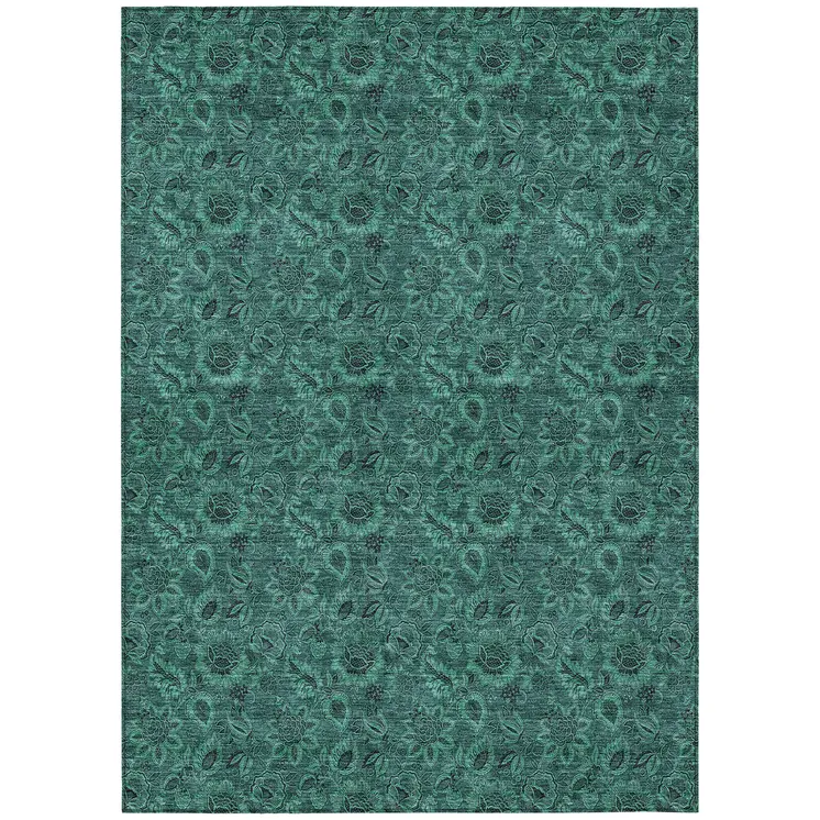 5' X 8' Teal Blue Green And Charcoal Floral Washable Indoor Outdoor Area Rug