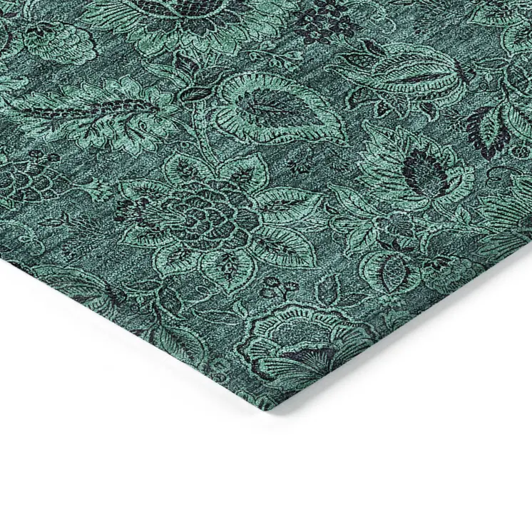 5' X 8' Teal Blue Green And Charcoal Floral Washable Indoor Outdoor Area Rug