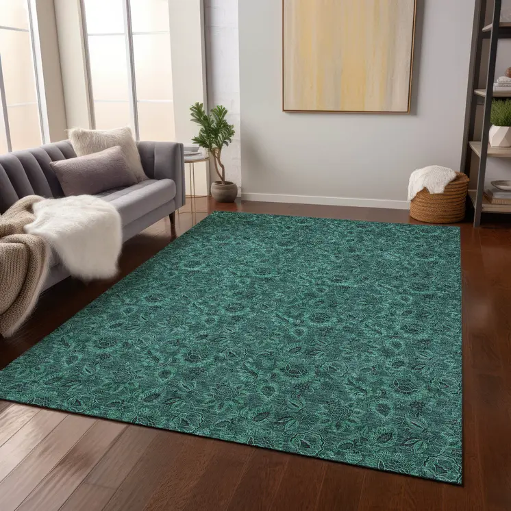 5' X 8' Teal Blue Green And Charcoal Floral Washable Indoor Outdoor Area Rug