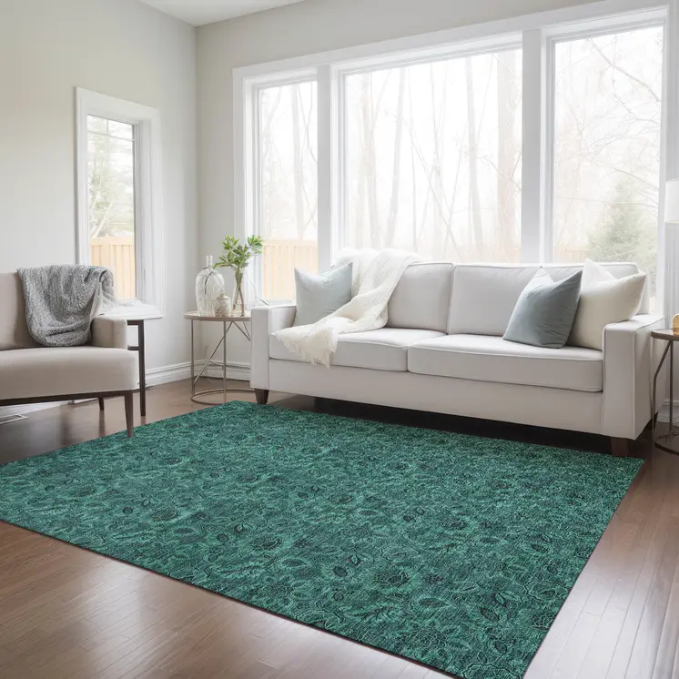 5' X 8' Teal Blue Green And Charcoal Floral Washable Indoor Outdoor Area Rug