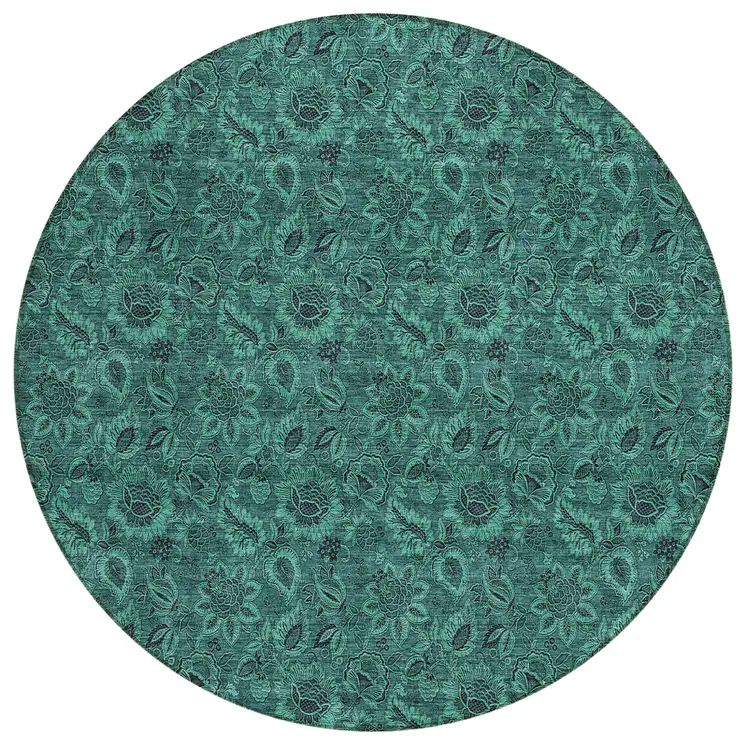 8' Teal Blue Green And Charcoal Round Floral Washable Indoor Outdoor Area Rug