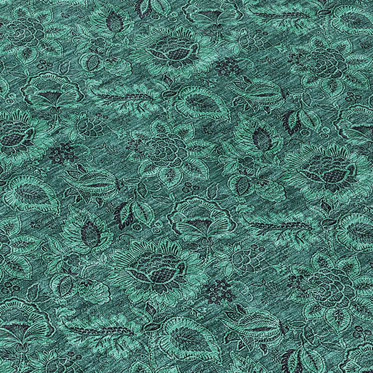 8' Teal Blue Green And Charcoal Round Floral Washable Indoor Outdoor Area Rug