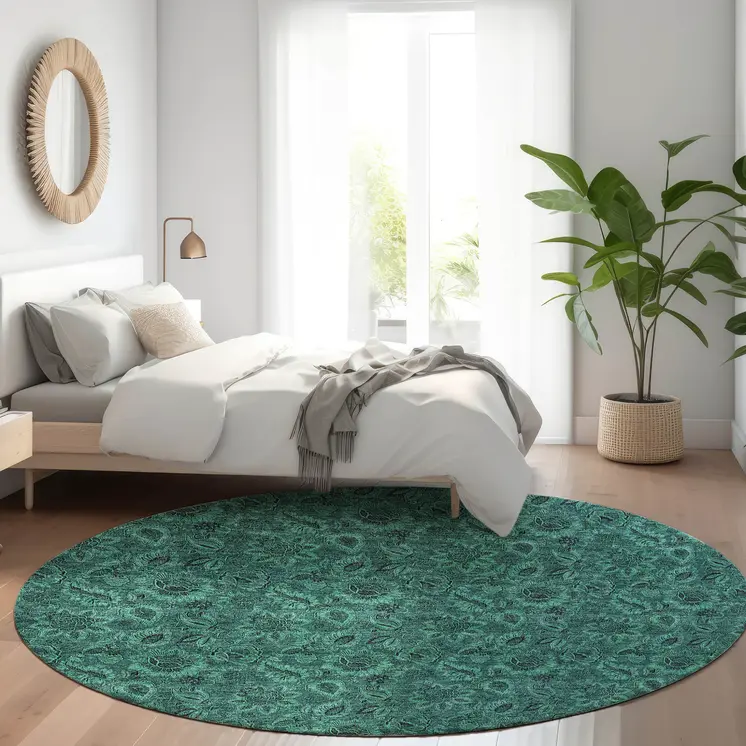 8' Teal Blue Green And Charcoal Round Floral Washable Indoor Outdoor Area Rug