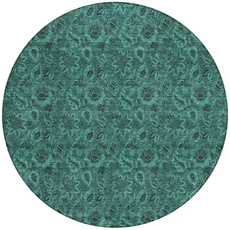 8' Teal Blue Green And Charcoal Round Floral Washable Indoor Outdoor Area Rug
