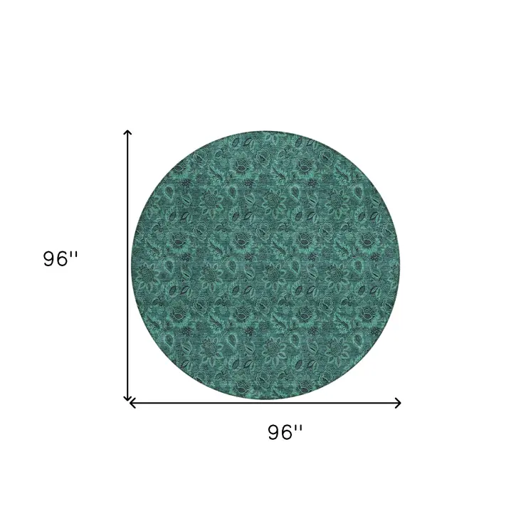 8' Teal Blue Green And Charcoal Round Floral Washable Indoor Outdoor Area Rug