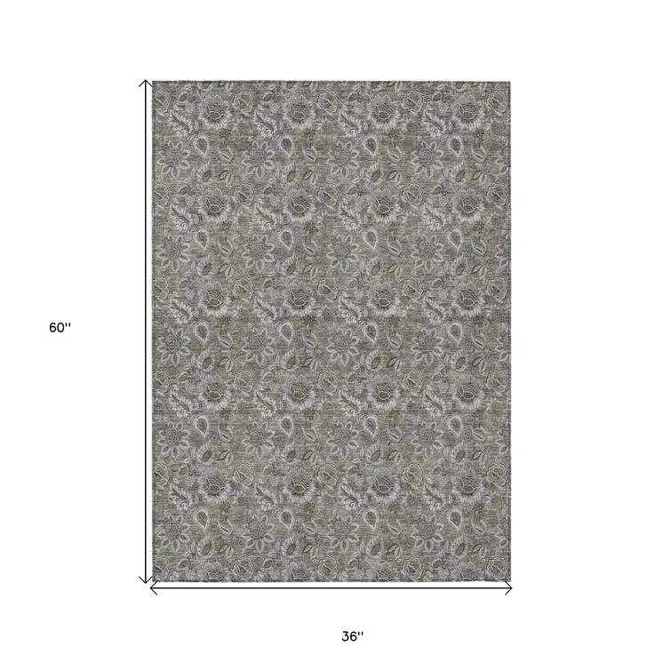3' X 5' Taupe Brown And Beige Floral Washable Indoor Outdoor Area Rug