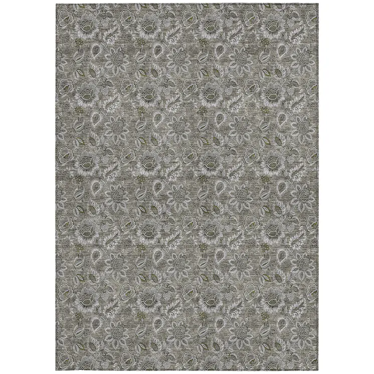 3' X 5' Taupe Brown And Beige Floral Washable Indoor Outdoor Area Rug