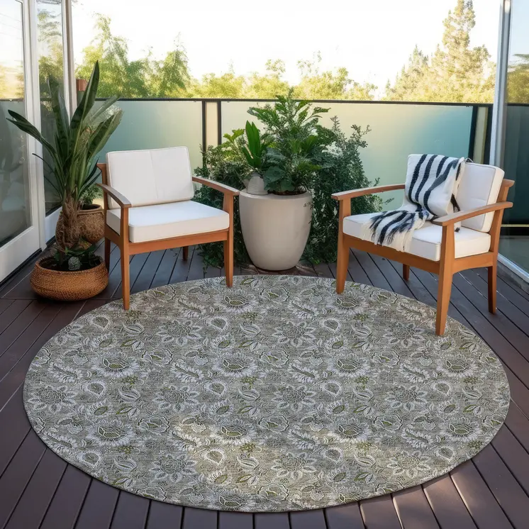 8' Taupe Brown And Beige Round Floral Washable Indoor Outdoor Area Rug