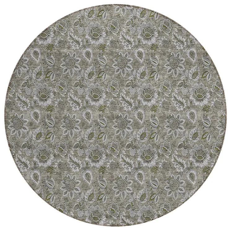 8' Taupe Brown And Beige Round Floral Washable Indoor Outdoor Area Rug