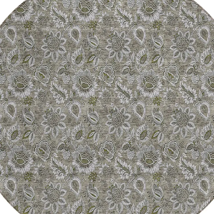 8' Taupe Brown And Beige Round Floral Washable Indoor Outdoor Area Rug