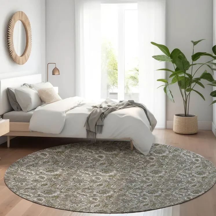 8' Taupe Brown And Beige Round Floral Washable Indoor Outdoor Area Rug