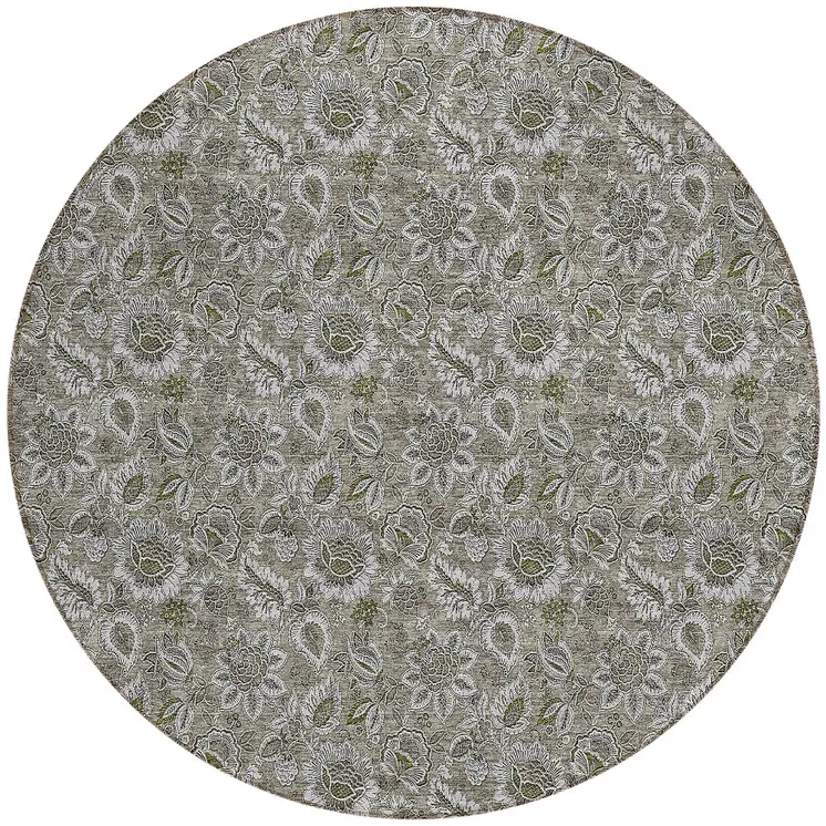 8' Taupe Brown And Beige Round Floral Washable Indoor Outdoor Area Rug