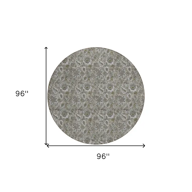 8' Taupe Brown And Beige Round Floral Washable Indoor Outdoor Area Rug