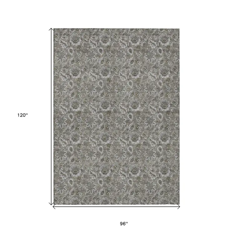 8' X 10' Taupe Brown And Beige Floral Washable Indoor Outdoor Area Rug