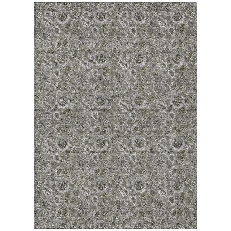 8' X 10' Taupe Brown And Beige Floral Washable Indoor Outdoor Area Rug
