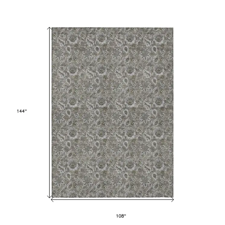 9' X 12' Taupe Brown And Beige Floral Washable Indoor Outdoor Area Rug