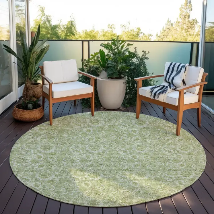 8' Green Round Floral Washable Indoor Outdoor Area Rug