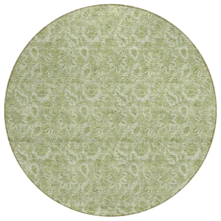8' Green Round Floral Washable Indoor Outdoor Area Rug