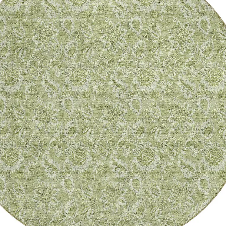 8' Green Round Floral Washable Indoor Outdoor Area Rug