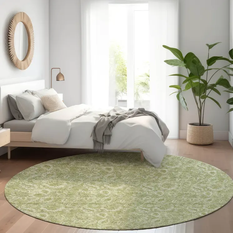 8' Green Round Floral Washable Indoor Outdoor Area Rug