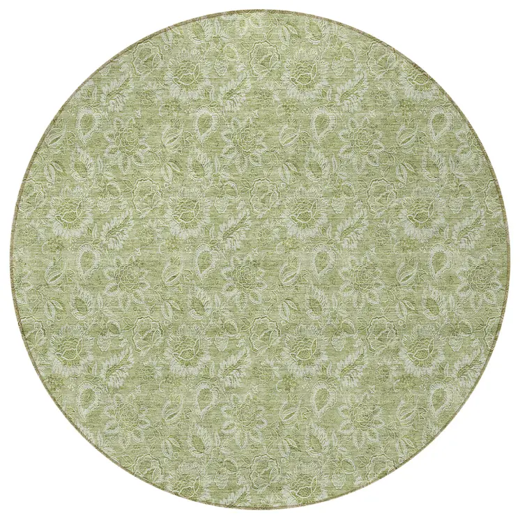 8' Green Round Floral Washable Indoor Outdoor Area Rug