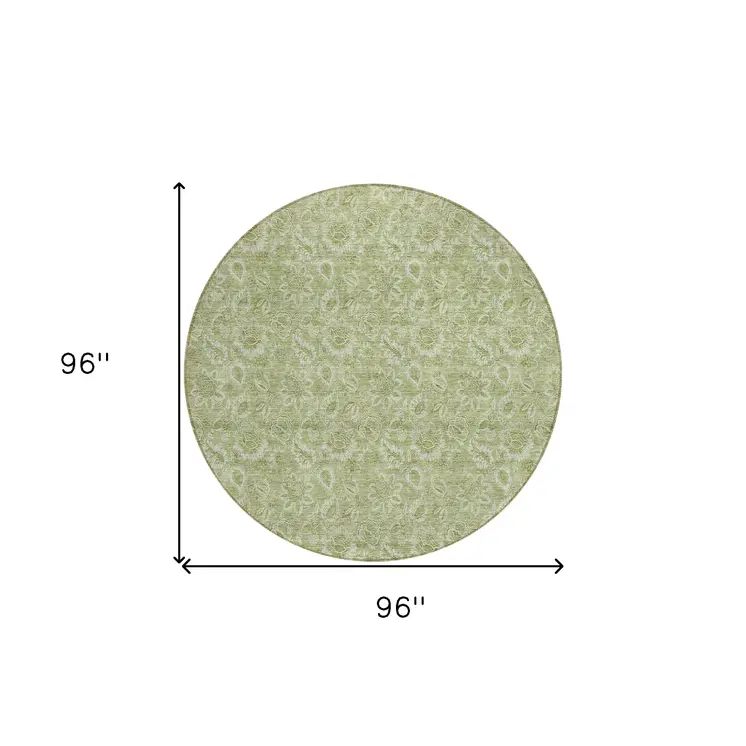 8' Green Round Floral Washable Indoor Outdoor Area Rug