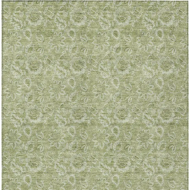 8' X 10' Green Floral Washable Indoor Outdoor Area Rug