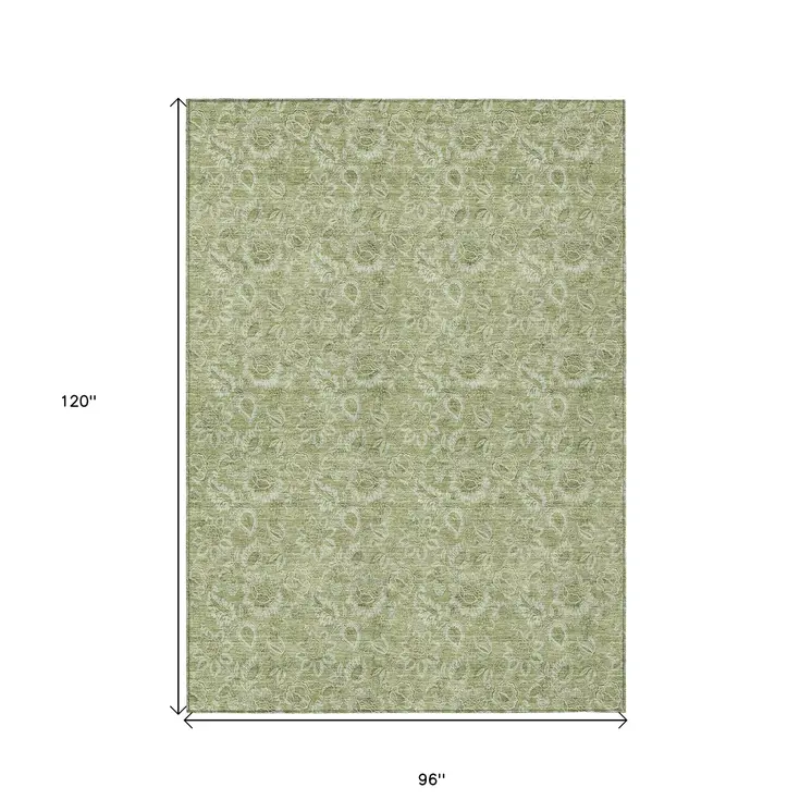 8' X 10' Green Floral Washable Indoor Outdoor Area Rug