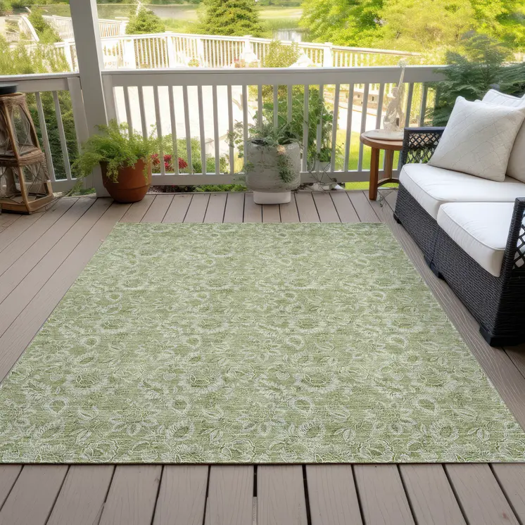 8' X 10' Green Floral Washable Indoor Outdoor Area Rug