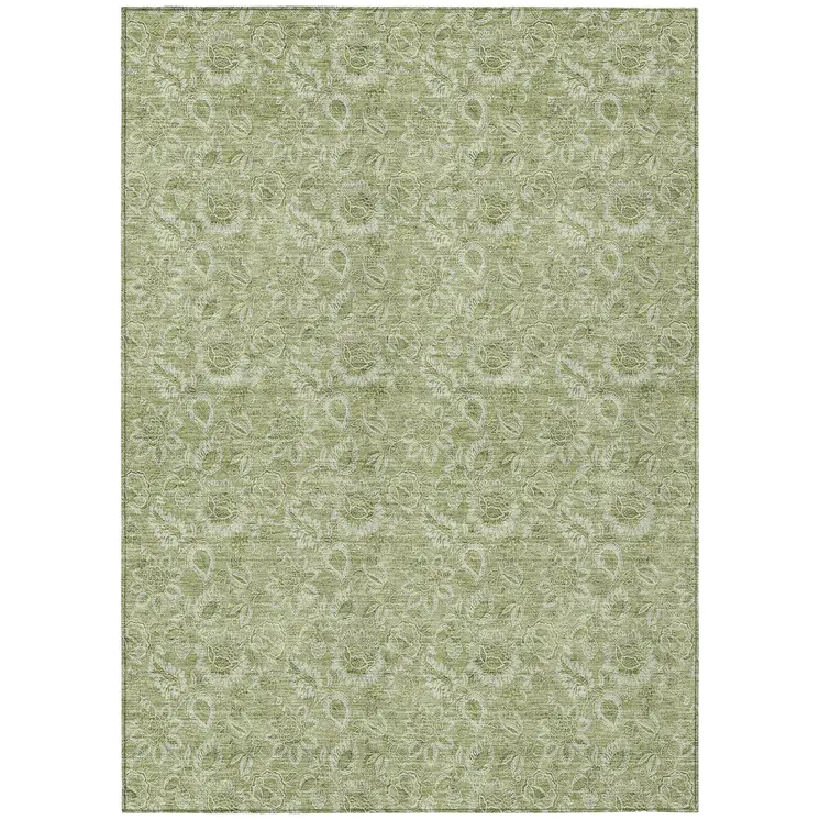 8' X 10' Green Floral Washable Indoor Outdoor Area Rug