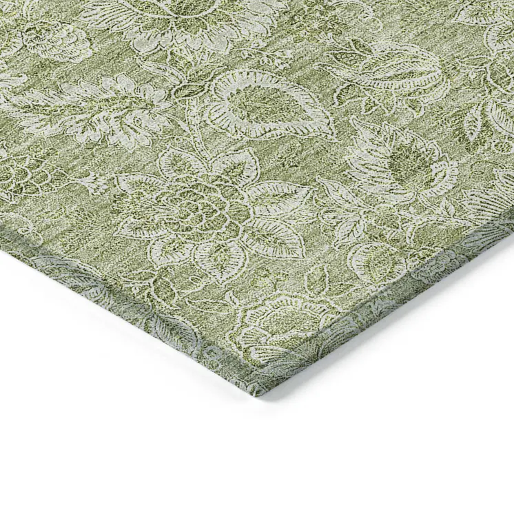 8' X 10' Green Floral Washable Indoor Outdoor Area Rug