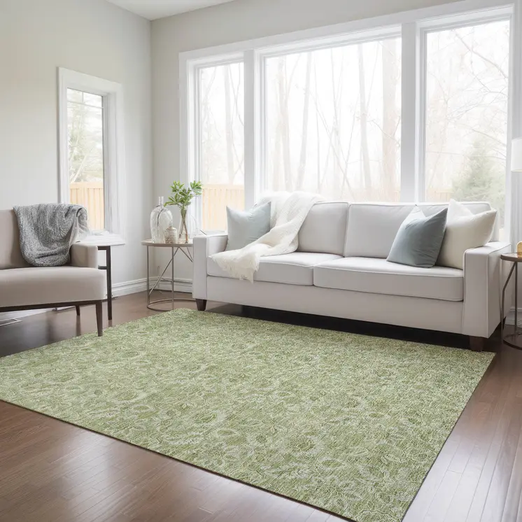 8' X 10' Green Floral Washable Indoor Outdoor Area Rug