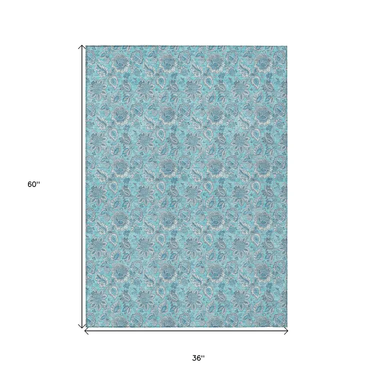 3' X 5' Aqua Blue And Silver Floral Washable Indoor Outdoor Area Rug