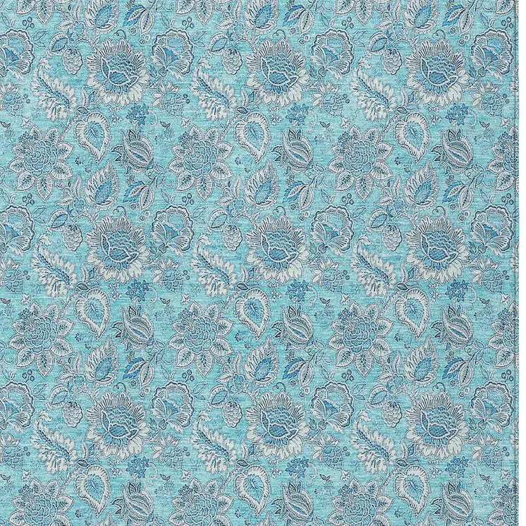 3' X 5' Aqua Blue And Silver Floral Washable Indoor Outdoor Area Rug
